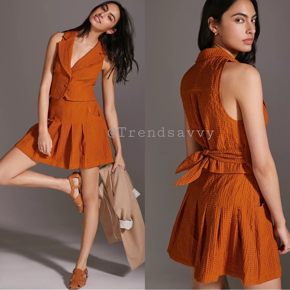 Anthropologie Maeve Maize Cotton Vest Mini Skirt Matching Set Orange 12 Chic